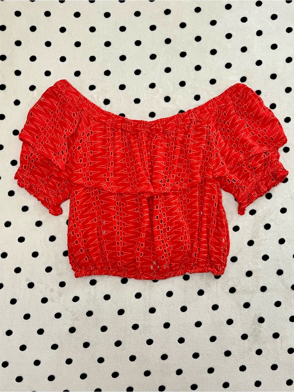 Free People Red Eyelet Ruffle Off-The-Shoulder Crop Top Size M